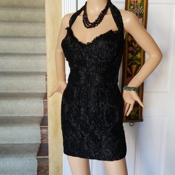 Vintage Dresses & Skirts - Stunning Vtg Handmade Lace & Sparkle Halter Dress